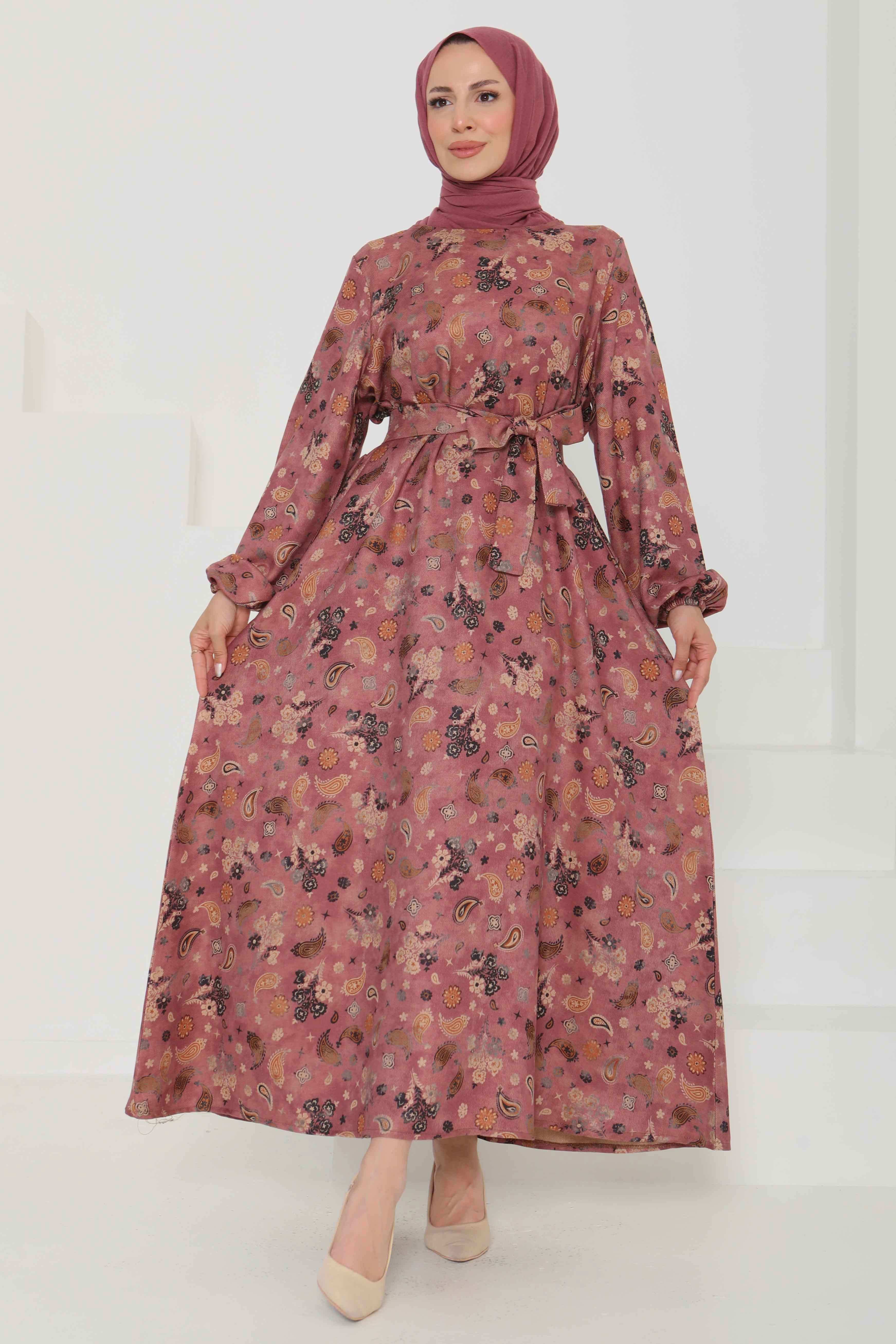 Desenli Kuşaklı Elbise - 27101