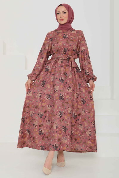 Desenli Kuşaklı Elbise - 27101