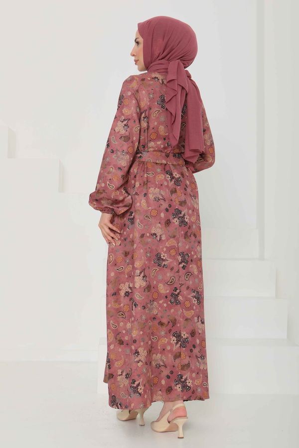 Desenli Kuşaklı Elbise - 27101