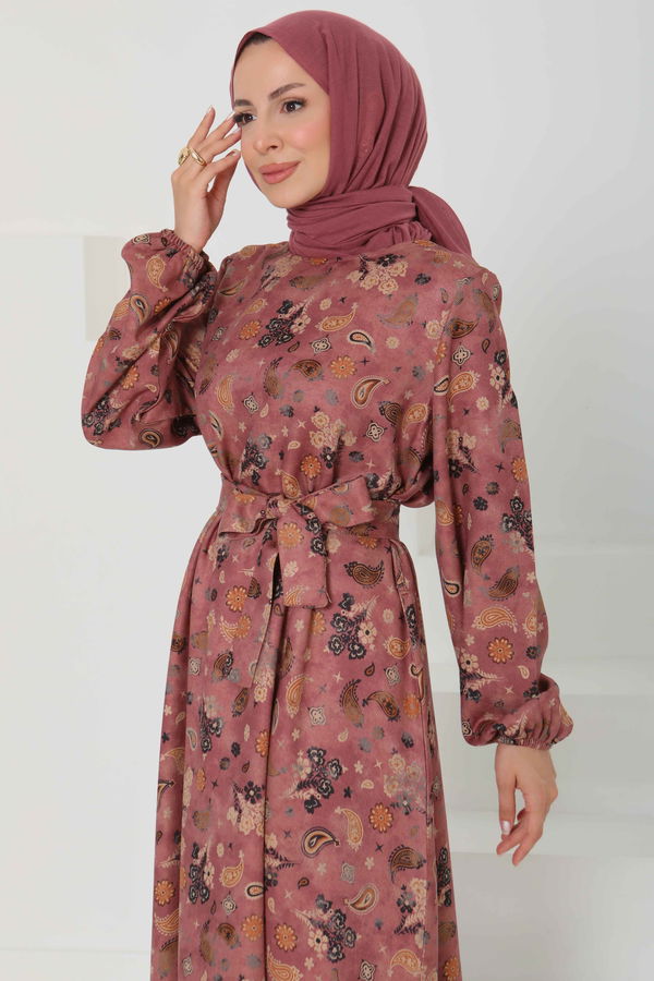 Desenli Kuşaklı Elbise - 27101