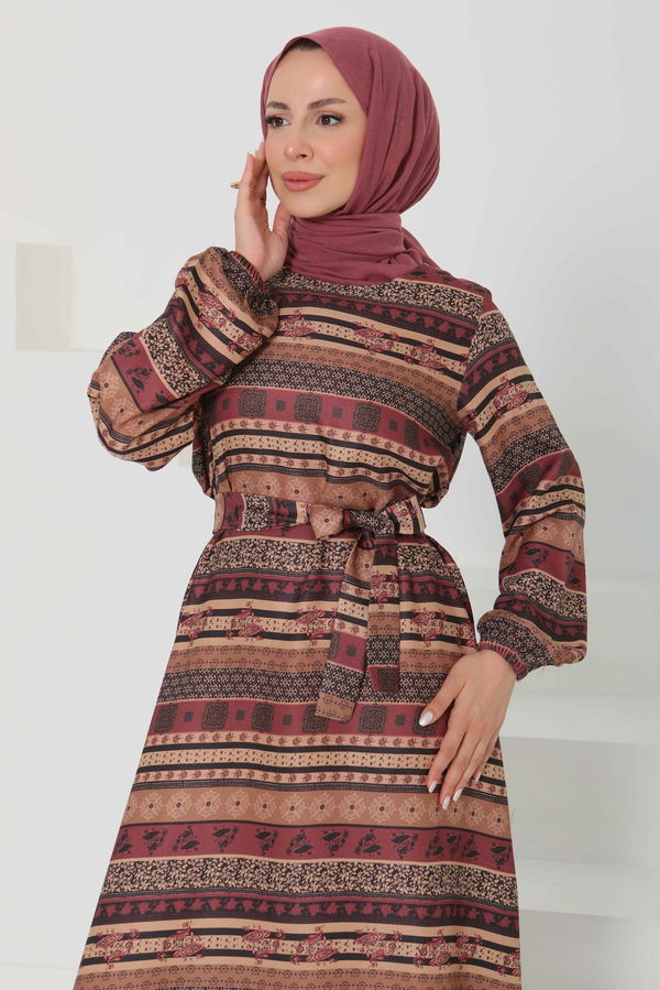 Desenli Kuşaklı Elbise - 27106