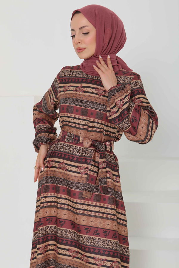 Desenli Kuşaklı Elbise - 27106