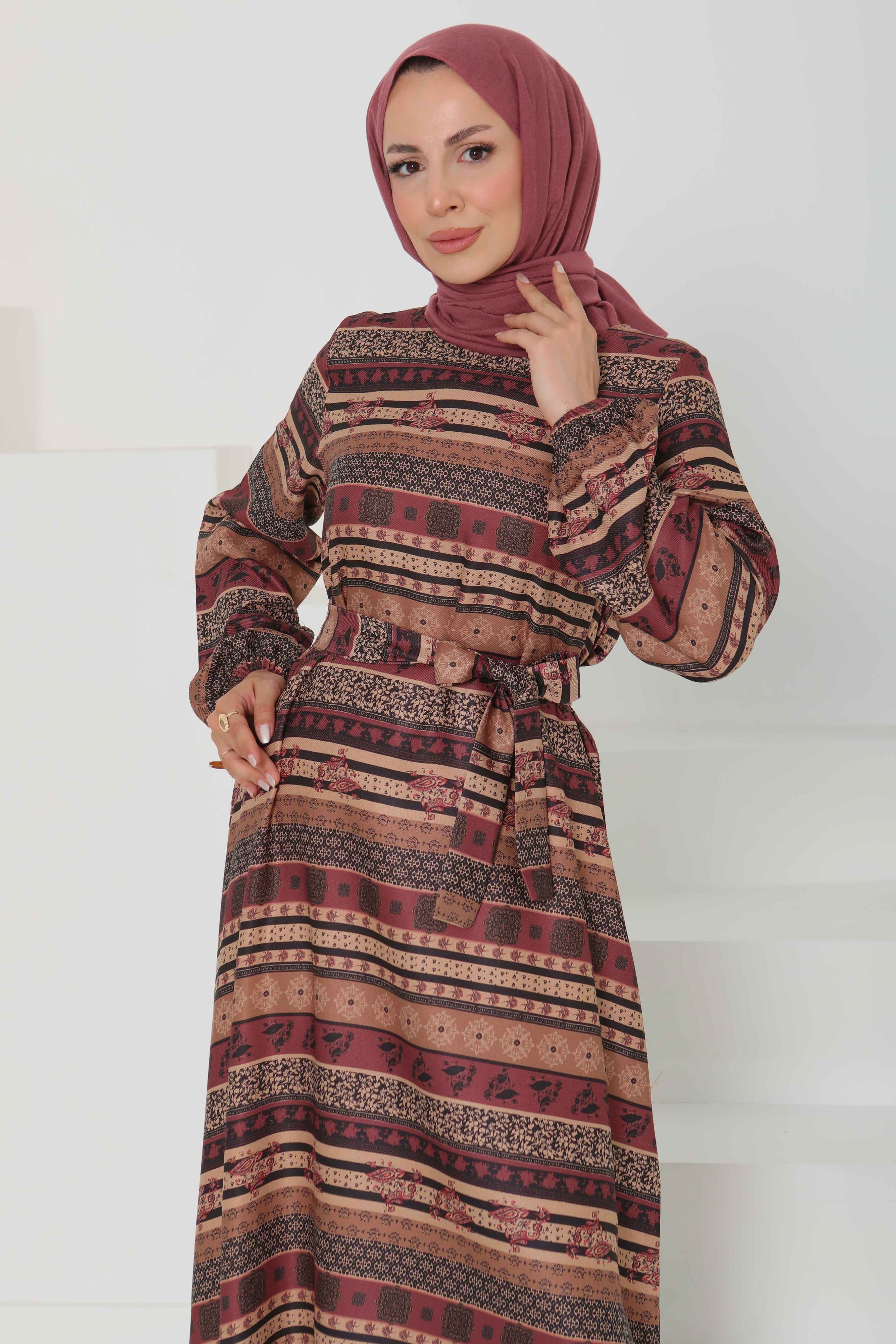 Desenli Kuşaklı Elbise - 27106