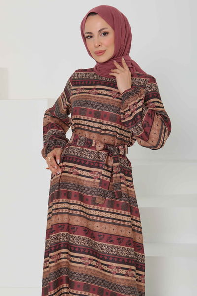 Desenli Kuşaklı Elbise - 27106