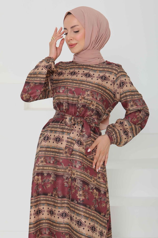 Çiçek Desenli Kuşaklı Elbise - 27105