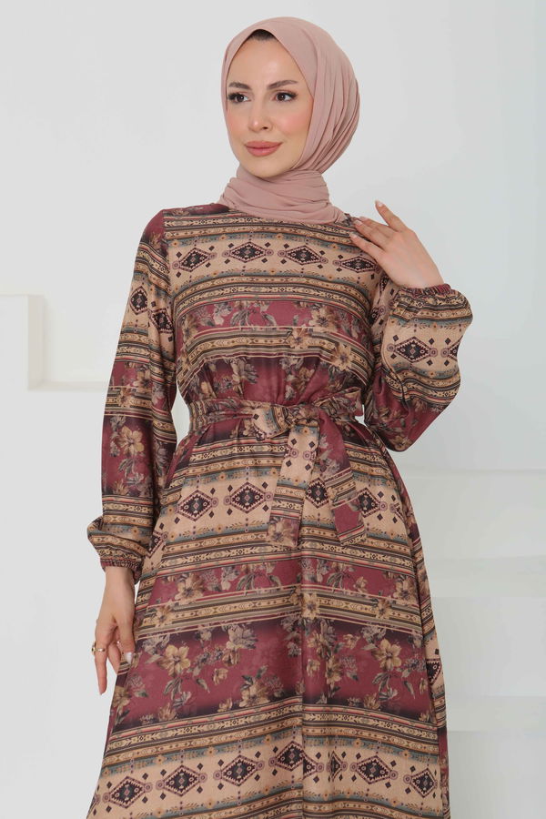 Çiçek Desenli Kuşaklı Elbise - 27105
