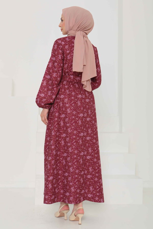 Çiçek Desenli Kuşaklı Elbise - 27102