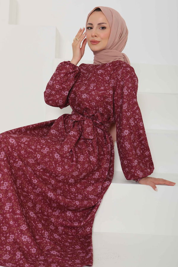 Çiçek Desenli Kuşaklı Elbise - 27102