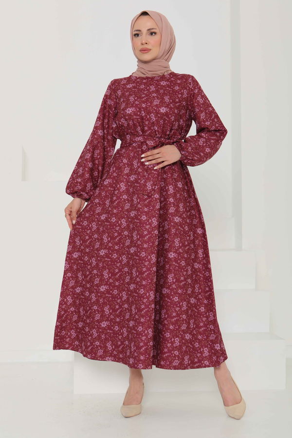 Çiçek Desenli Kuşaklı Elbise - 27102