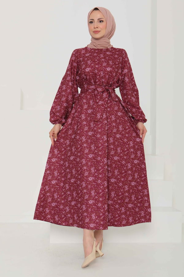 Çiçek Desenli Kuşaklı Elbise - 27102