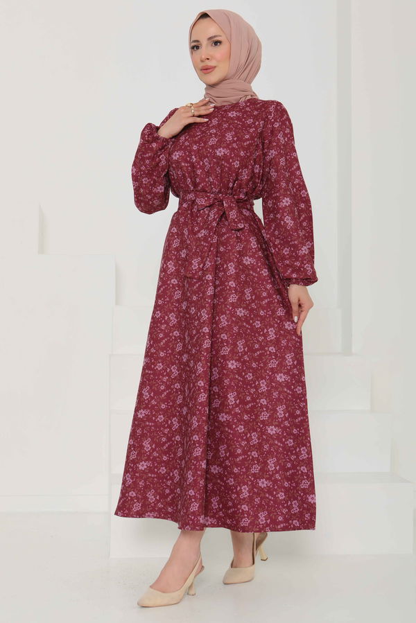 Çiçek Desenli Kuşaklı Elbise - 27102
