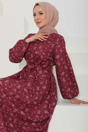 Çiçek Desenli Kuşaklı Elbise - 27102