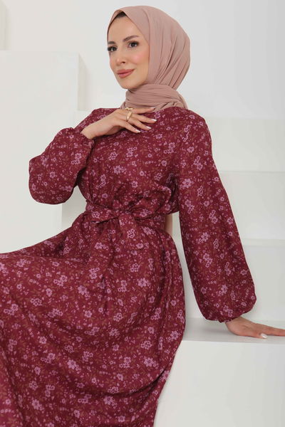 Çiçek Desenli Kuşaklı Elbise - 27102