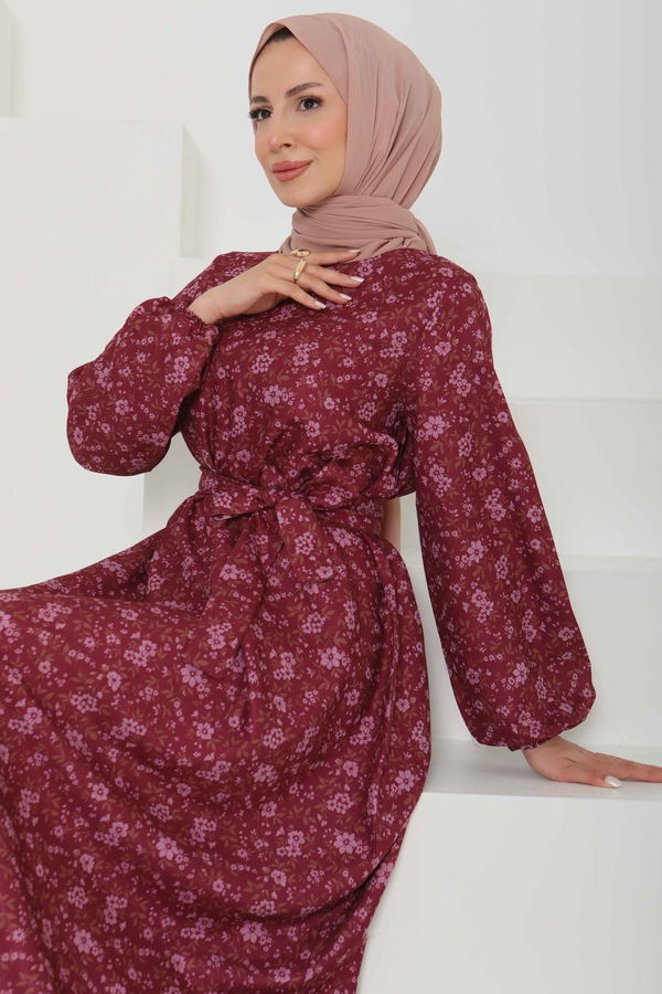 Çiçek Desenli Kuşaklı Elbise - 27102