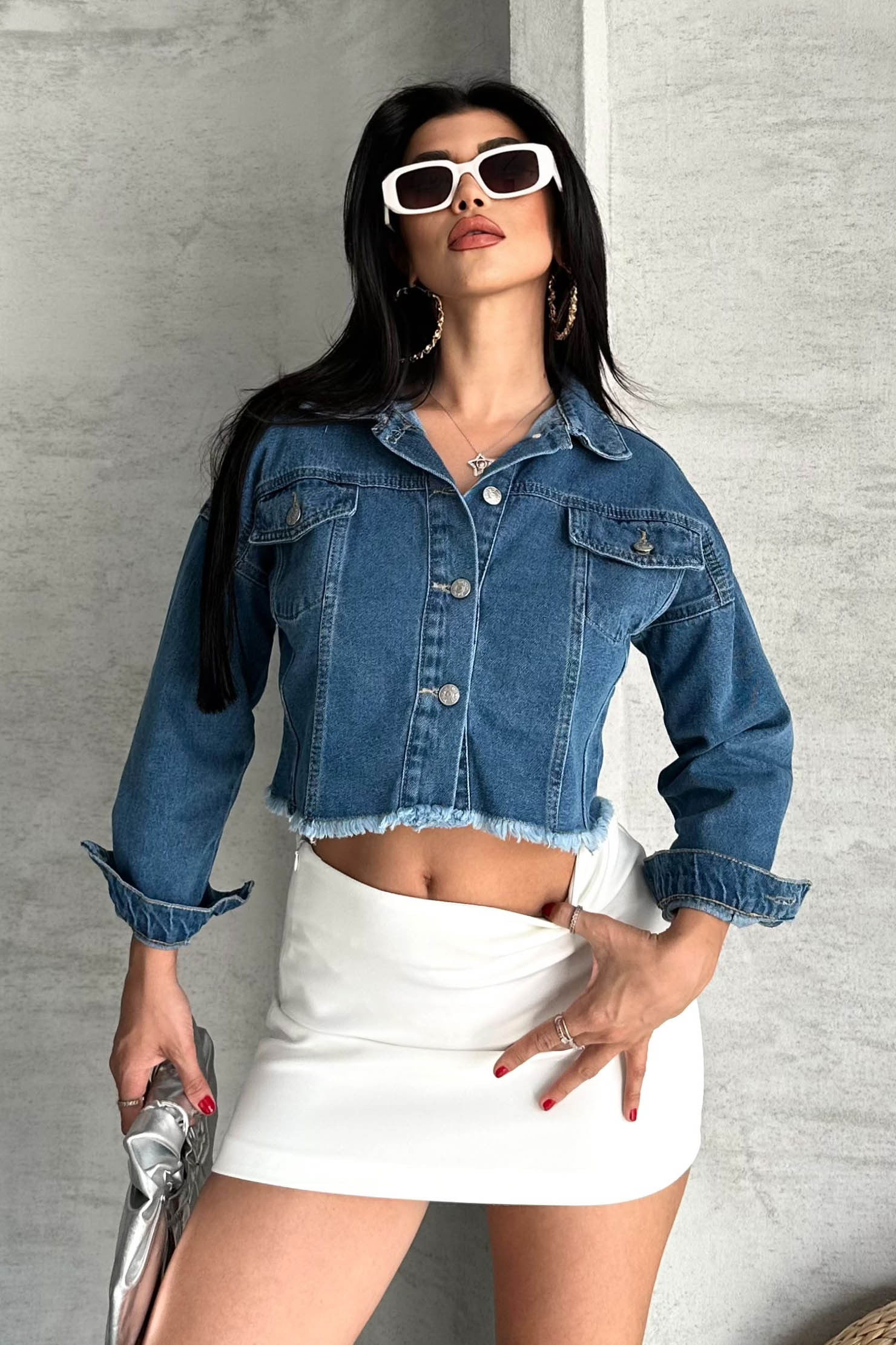Çift Cepli Demin Crop Ceket - 27299