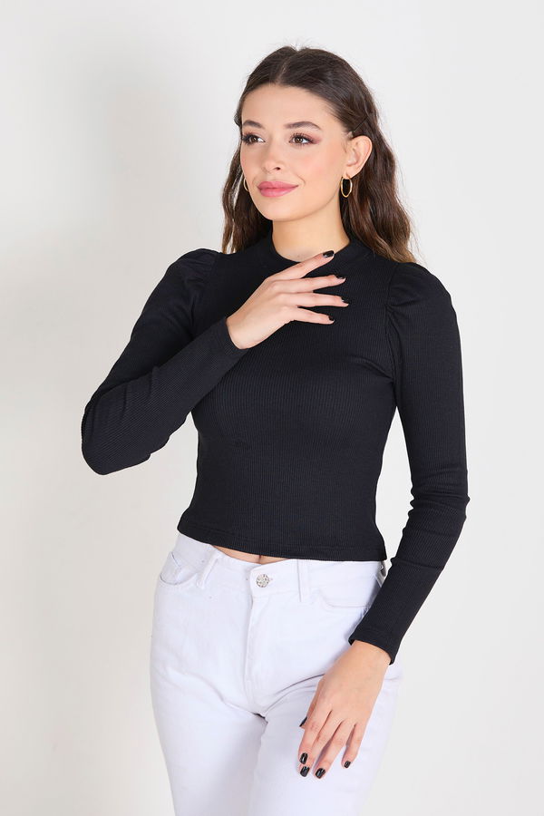 Düz Yarım Balıkçı Yaka Kadın Siyah Crop - 23389