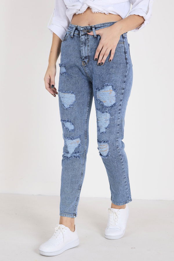 Düz Orta Kadın Mavi Kot Pantolon - 23396