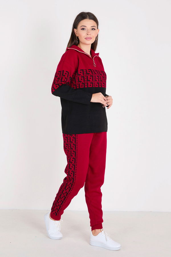 Düz Boğazlı Yaka Kadın Kırmızı Triko Tunik Pantolon - 23405 Kırmızı