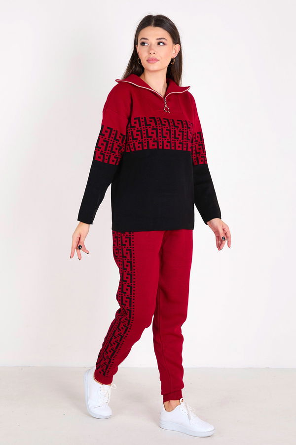 Düz Boğazlı Yaka Kadın Kırmızı Triko Tunik Pantolon - 23405 Kırmızı