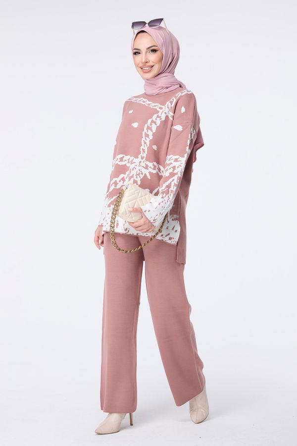 Düz Bisiklet Yaka Kadın Pembe Triko Tunik Pantolon - 23402 PEMBE