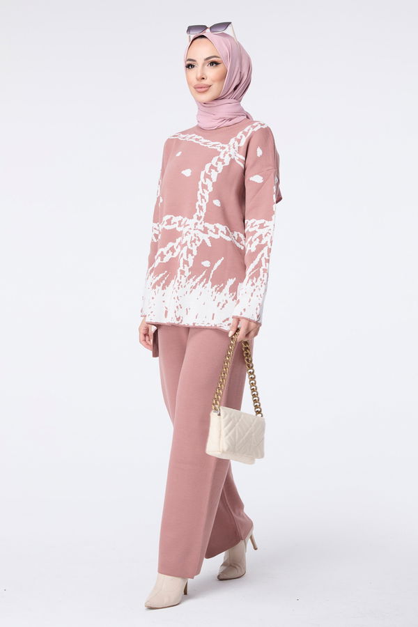 Düz Bisiklet Yaka Kadın Pembe Triko Tunik Pantolon - 23402 PEMBE