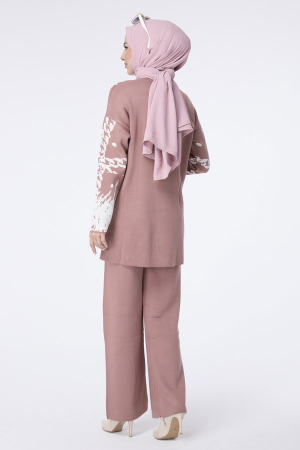 Düz Bisiklet Yaka Kadın Pembe Triko Tunik Pantolon - 23402 PEMBE