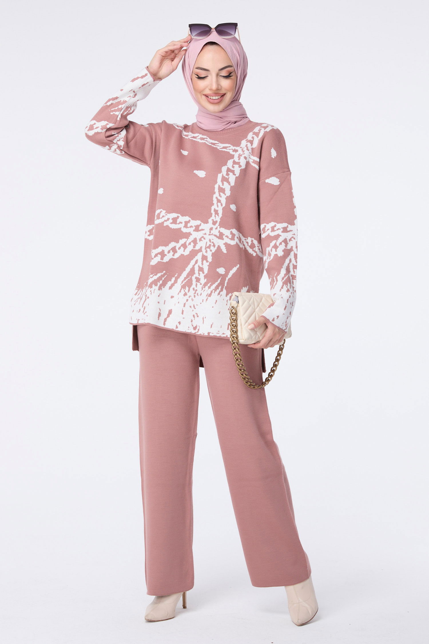 Düz Bisiklet Yaka Kadın Pembe Triko Tunik Pantolon - 23402 PEMBE