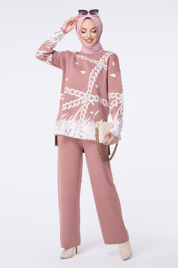 Düz Bisiklet Yaka Kadın Pembe Triko Tunik Pantolon - 23402 PEMBE