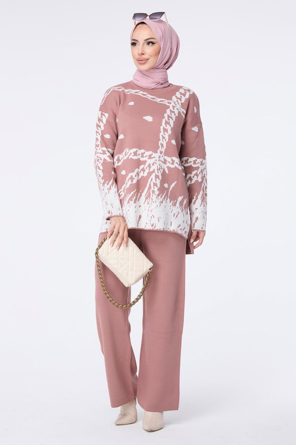Düz Bisiklet Yaka Kadın Pembe Triko Tunik Pantolon - 23402 PEMBE