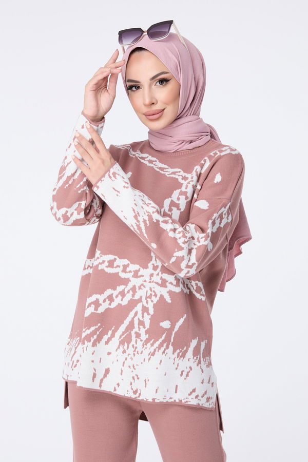 Düz Bisiklet Yaka Kadın Pembe Triko Tunik Pantolon - 23402 PEMBE