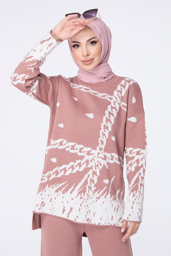 Düz Bisiklet Yaka Kadın Pembe Triko Tunik Pantolon - 23402 PEMBE