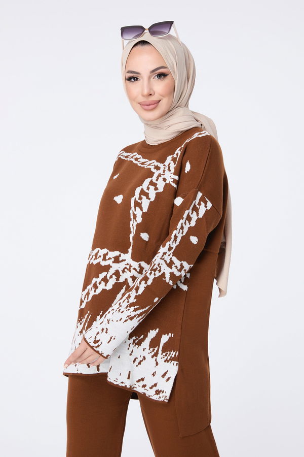 Düz Bisiklet Yaka Kadın Kahverengi Triko Tunik Pantolon - 23402 KAHVERENGİ