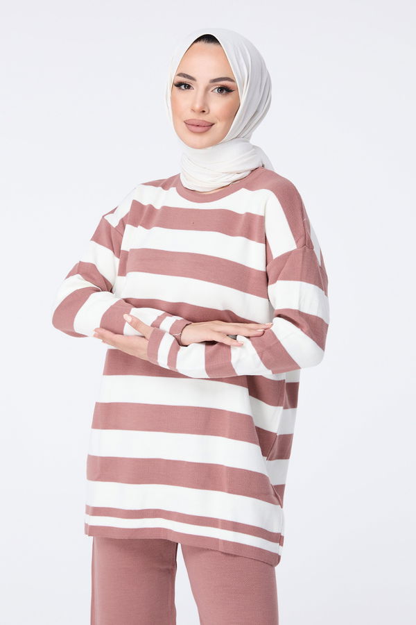 Düz Bisiklet Yaka Kadın Pembe Triko Tunik Pantolon - 23403