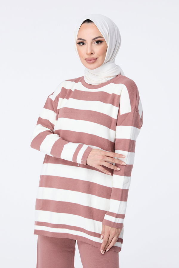 Düz Bisiklet Yaka Kadın Pembe Triko Tunik Pantolon - 23403