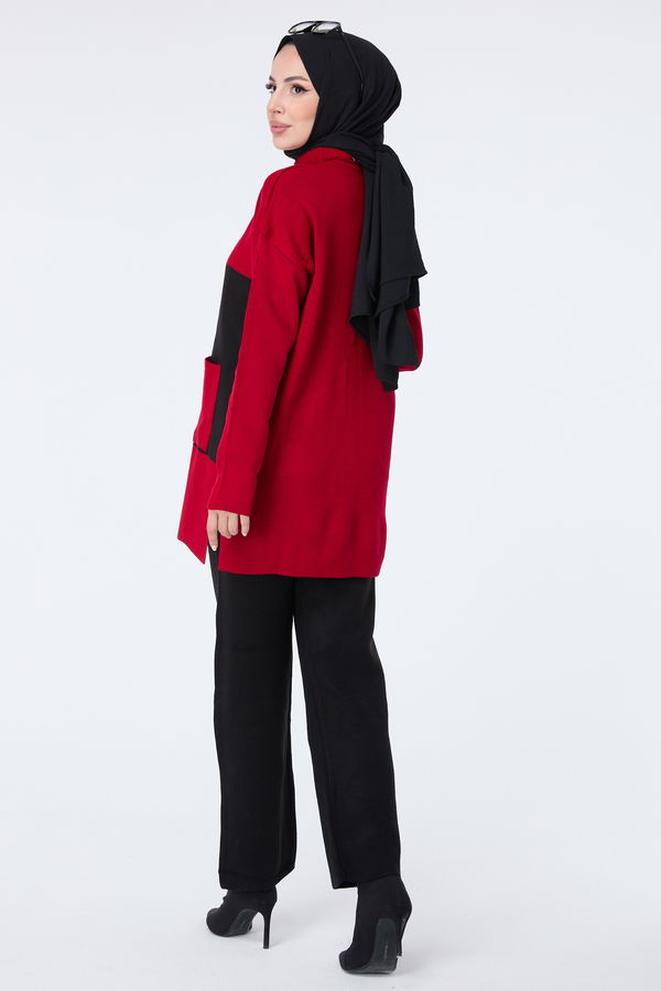 Düz Yarım Balıkçı Yaka Kadın Kırmızı Triko Tunik Pantolon - 23406