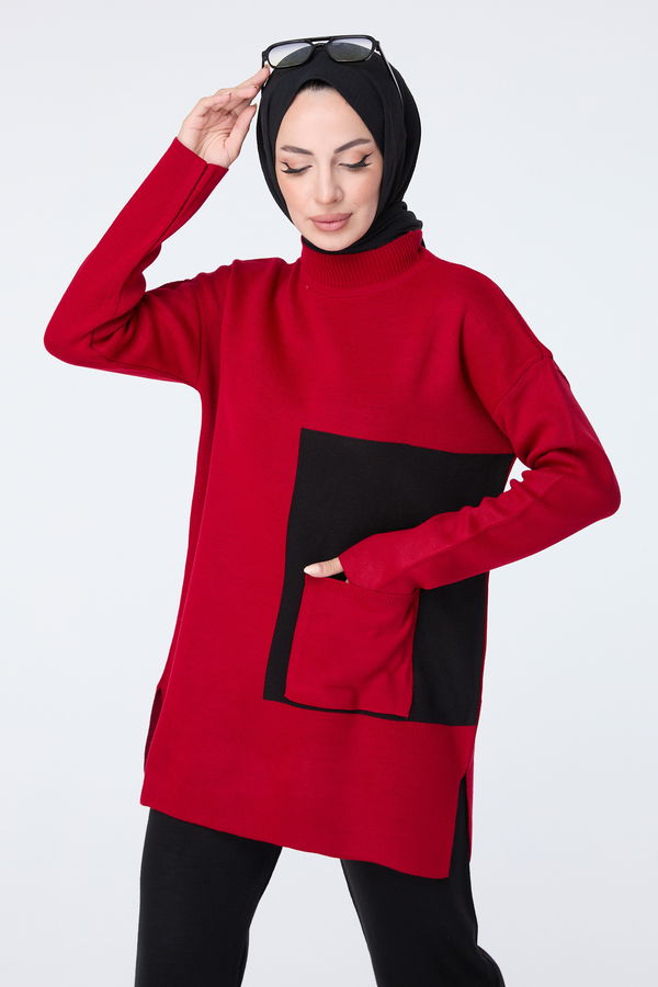 Düz Yarım Balıkçı Yaka Kadın Kırmızı Triko Tunik Pantolon - 23406