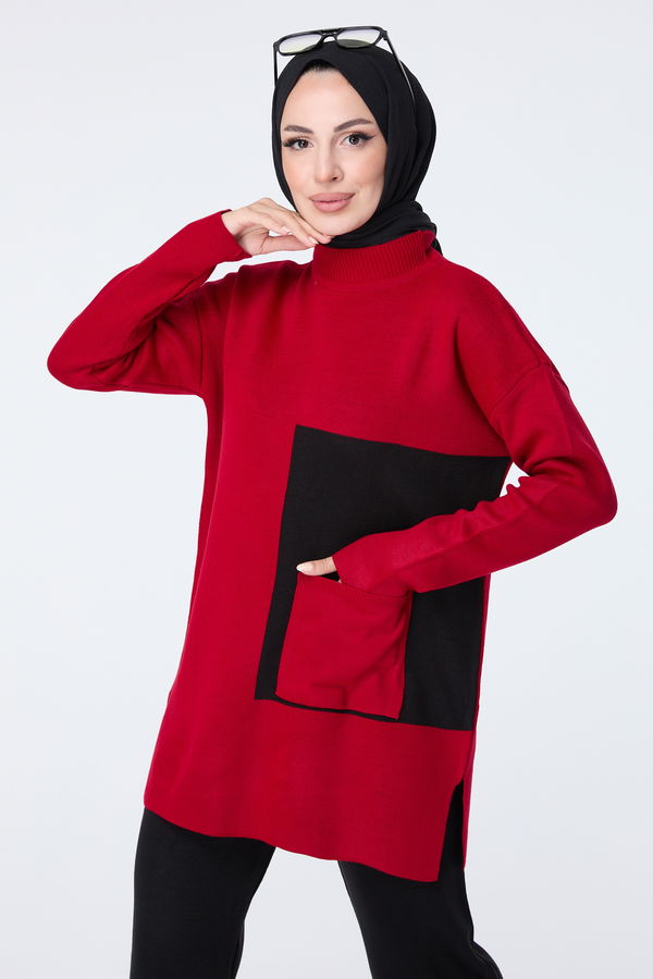 Düz Yarım Balıkçı Yaka Kadın Kırmızı Triko Tunik Pantolon - 23406