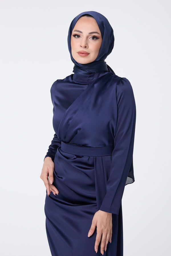 Düz Hakim Yaka Kadın Lacivert Abiye Elbise - 23452 LACİVERT