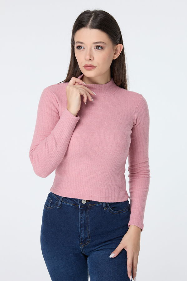 Düz Yarım Balıkçı Yaka Kadın Pembe Crop - 23135