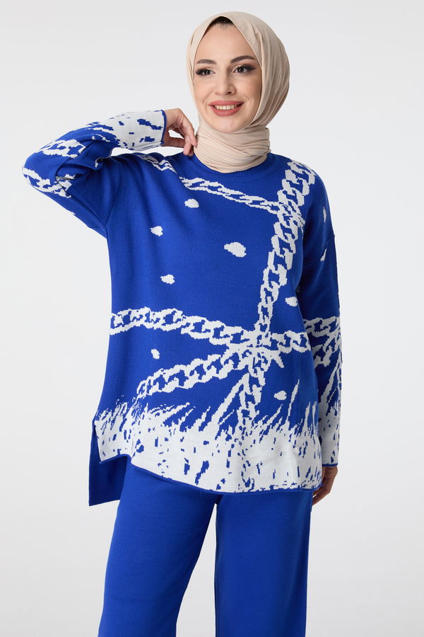 Düz Bisiklet Yaka Kadın Mavi Triko Tunik Pantolon - 23402