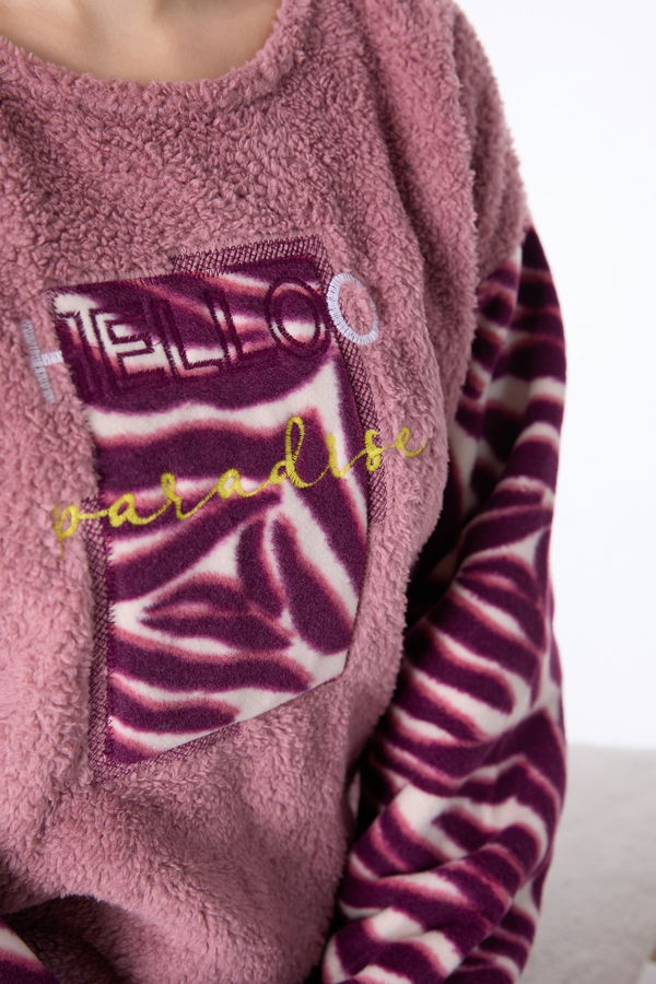 Düz Bisiklet Yaka Kadın Pembe Peluş Pijama Takımı - 23553 PEMBE