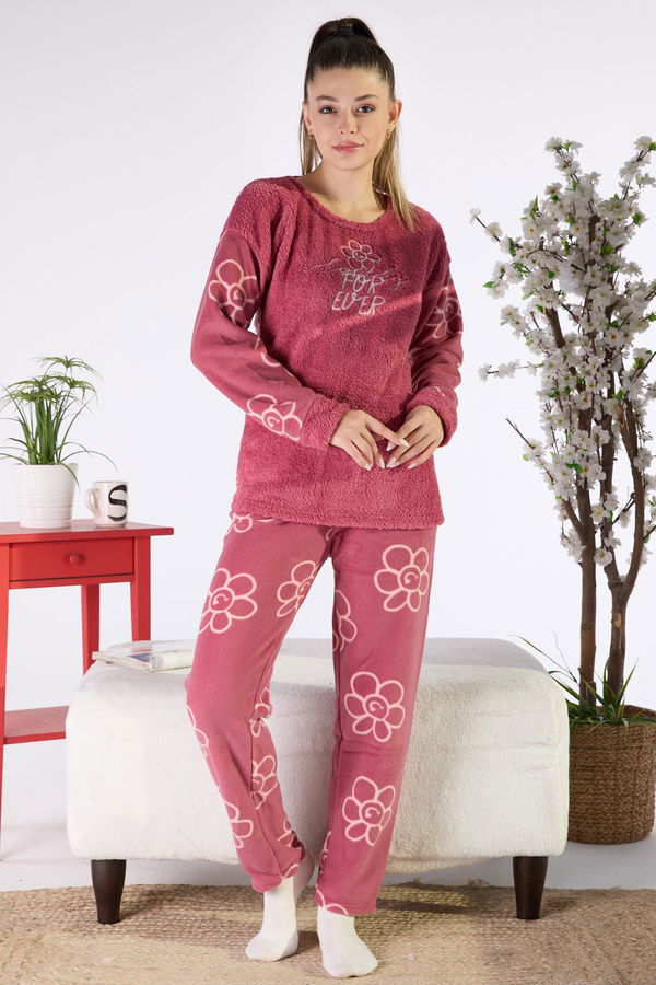 Düz Bisiklet Yaka Kadın Pembe Peluş Pijama Takımı - 23554 PEMBE