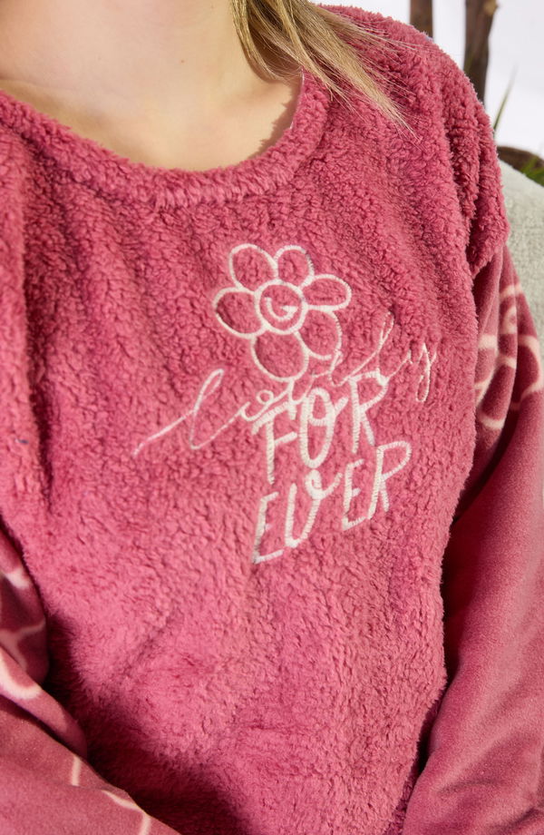Düz Bisiklet Yaka Kadın Pembe Peluş Pijama Takımı - 23554 PEMBE