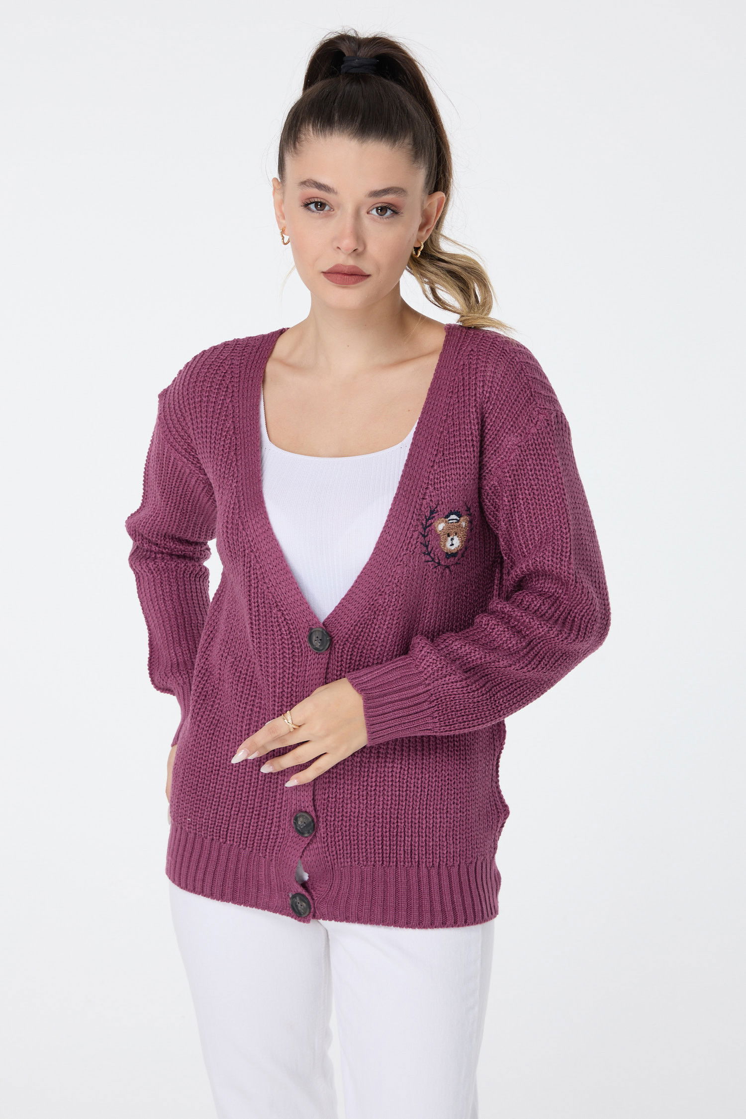 Düz Orta Kadın Pembe Triko Hırka - 23505 PEMBE