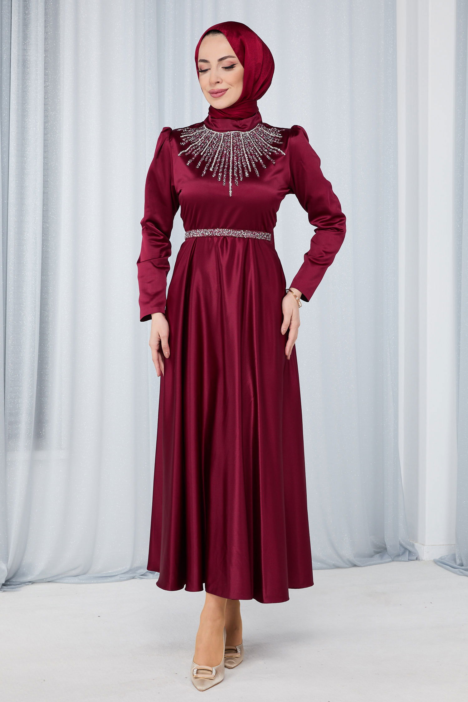 Düz Hakim Yaka Kadın Bordo Abiye Elbise - 23694 BORDO
