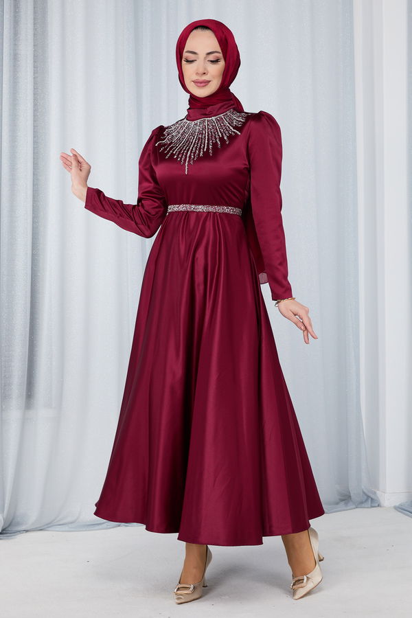 Düz Hakim Yaka Kadın Bordo Abiye Elbise - 23694 BORDO