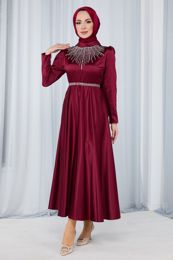 Düz Hakim Yaka Kadın Bordo Abiye Elbise - 23694 BORDO