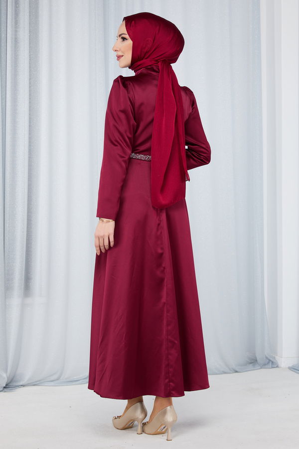Düz Hakim Yaka Kadın Bordo Abiye Elbise - 23694 BORDO