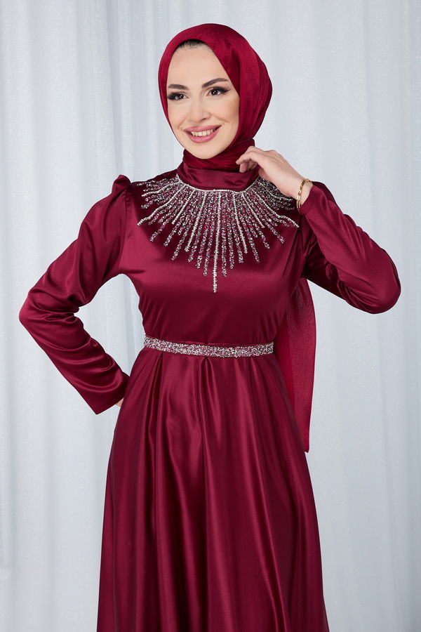 Düz Hakim Yaka Kadın Bordo Abiye Elbise - 23694 BORDO