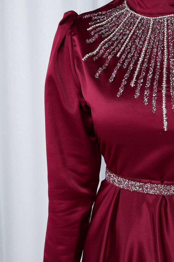 Düz Hakim Yaka Kadın Bordo Abiye Elbise - 23694 BORDO